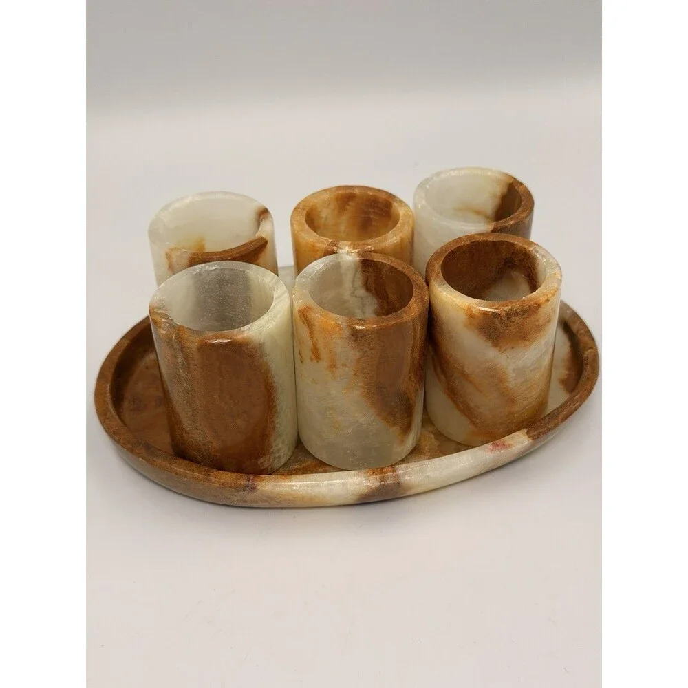 Vintage Banded Onyx Stone Shot Glass Set 6 Tequila Sake Cups w/ 7